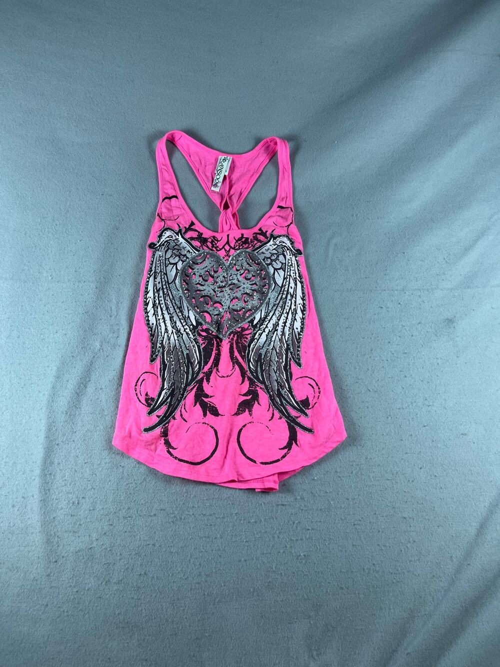Ransom Tank Top Women M Pink Graphic Angel Wings Rhinestone Racerback Y2K Grunge